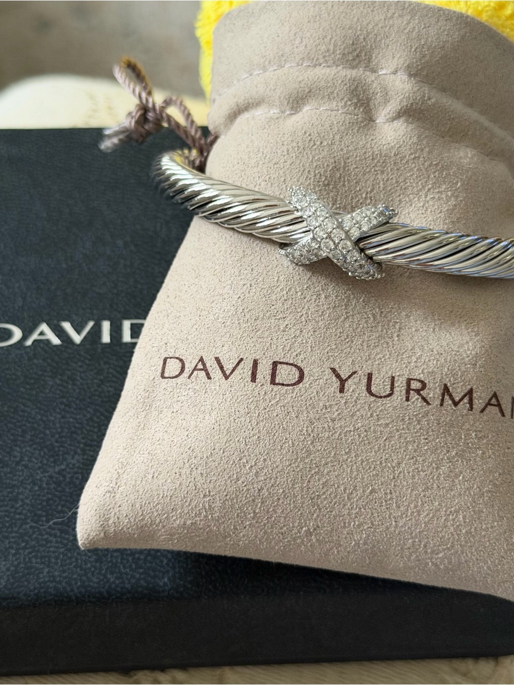 David Yurman Silver Cable X Bracelet with Pavé Diamonds marked DY 925